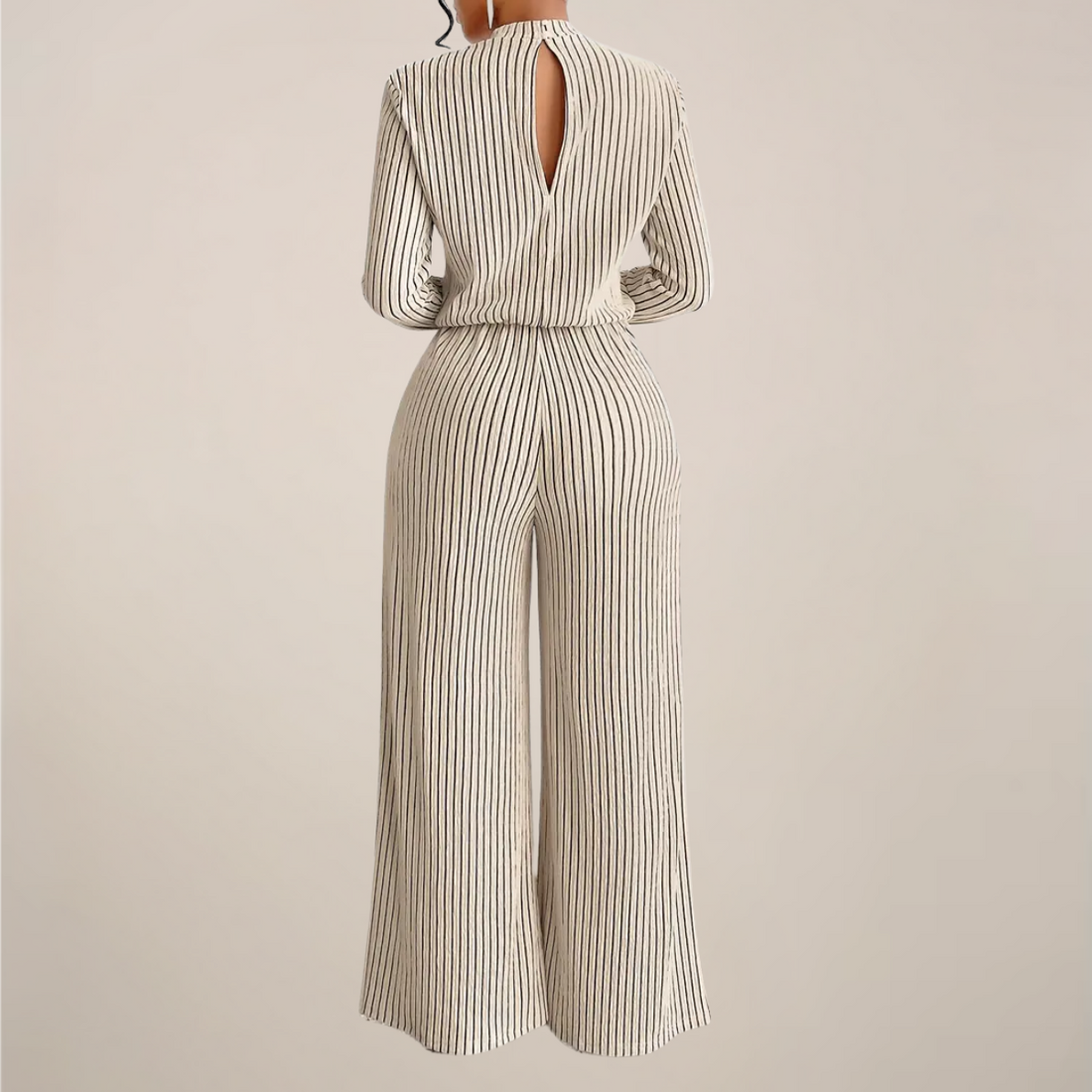 Women’s High Neck Wide-Leg Beige Jumpsuit – Striped, Long Sleeve, Elegant