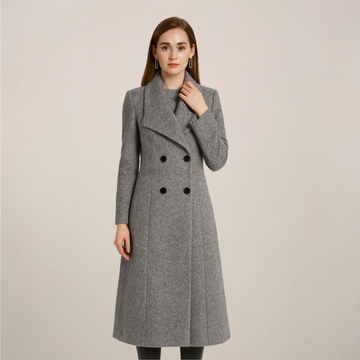 Women’s Long Trench Coat – Tailored Double-Breasted Design with Defined Waist
