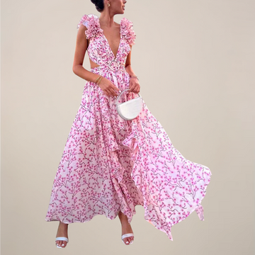 Women’s Plunging V-Neck Ruffled Sleeves Maxi Dress with Cut-Out Waist and High Slit