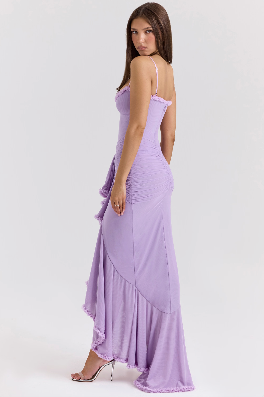 Women’s Ruffled Spaghetti Strap Gown – High Slit Maxi Elegance