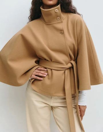 Women’s Short Cape Coat – Funnel Neck, Belted Waist, Cape Sleeves