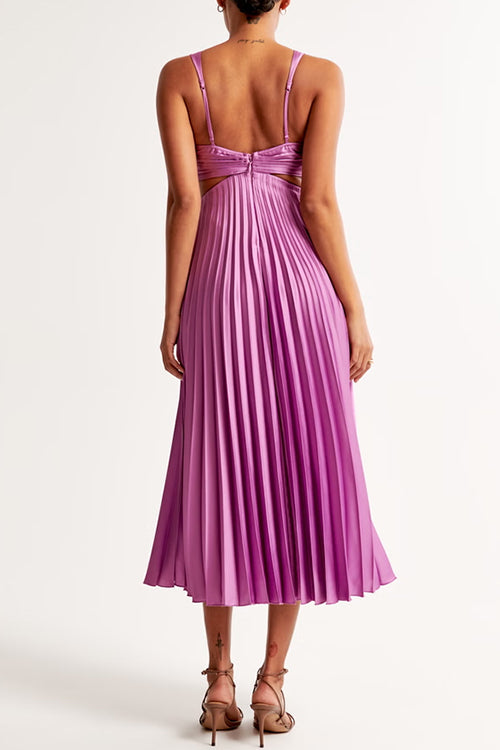 Women’s Sleeveless Pleated Maxi Dress – V-Neck – Cut-Out Waist – Elegant Flowing Silhouette