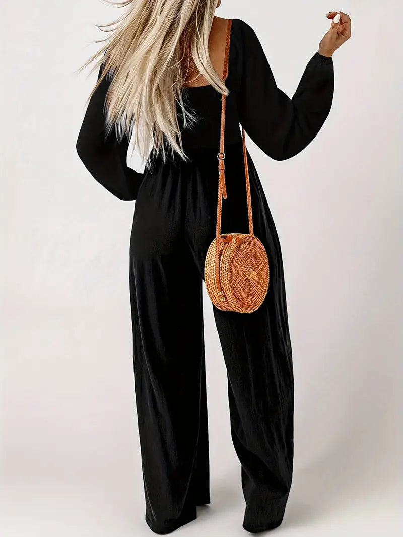 Women’s Square Neck Jumpsuit – Shirred Bodice, Long Sleeve, Wide Leg