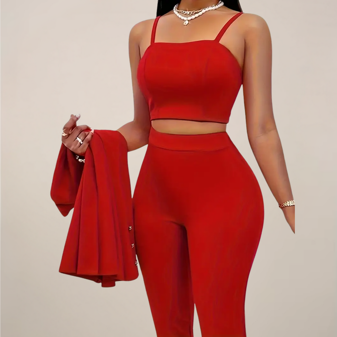 Women's Three-Piece Tailored Suit with Gold Button Details