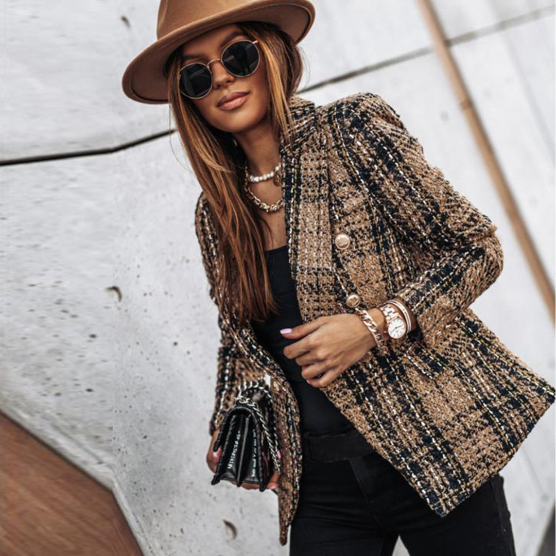 Women’s Tweed Check Double-Breasted Blazer – Vintage Fit, Gold Buttons