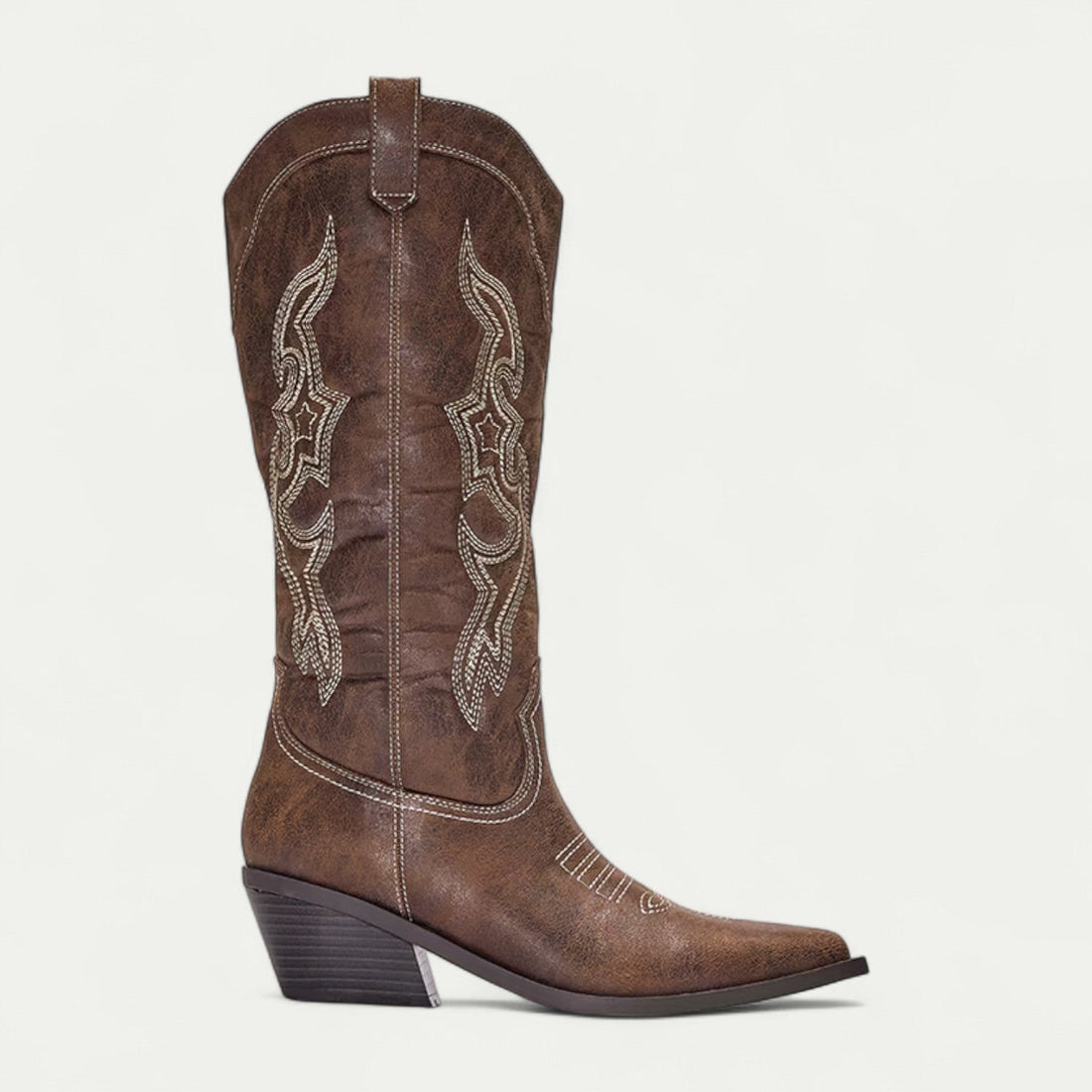 Women’s Western Knee-High Boots – Pointed Toe & Embroidered Detail