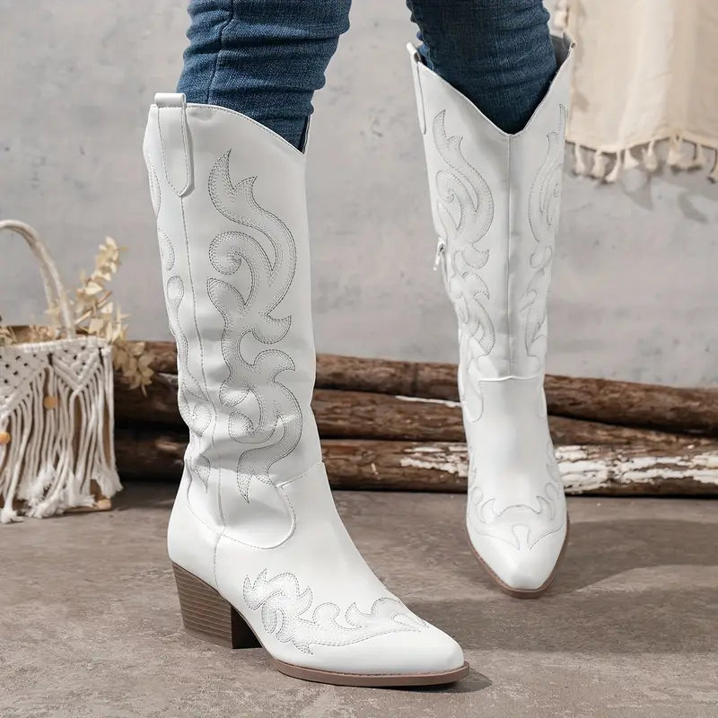 Women’s Western Knee-High Boots with Embroidered Detailing – Block Heel