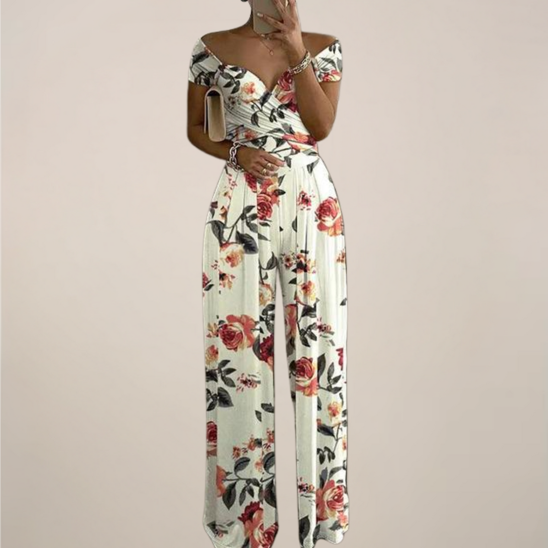 Women’s Wrap Style Off-Shoulder Printed Jumpsuit - Wide Leg