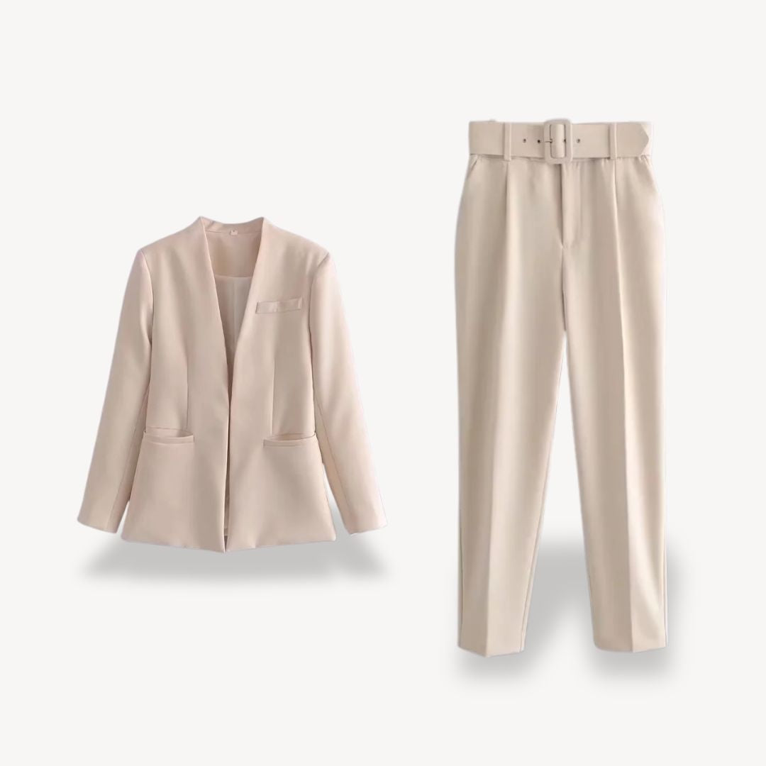 Women's Two-Piece Suit Set - Open Front Blazer and Slim Cropped Trousers | Elegant Business and Smart Casual Outfit
