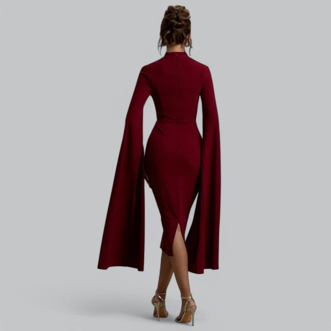 Flared Sleeve Bodycon Midi Dress – Elegant Back Slit Silhouette