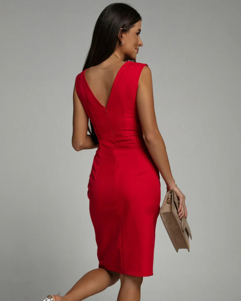 V-Neck Midi Dress - Elegant Design with Slit