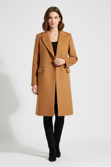 Women’s Camel Structured Peacoat – Double-Breasted with Gold Buttons